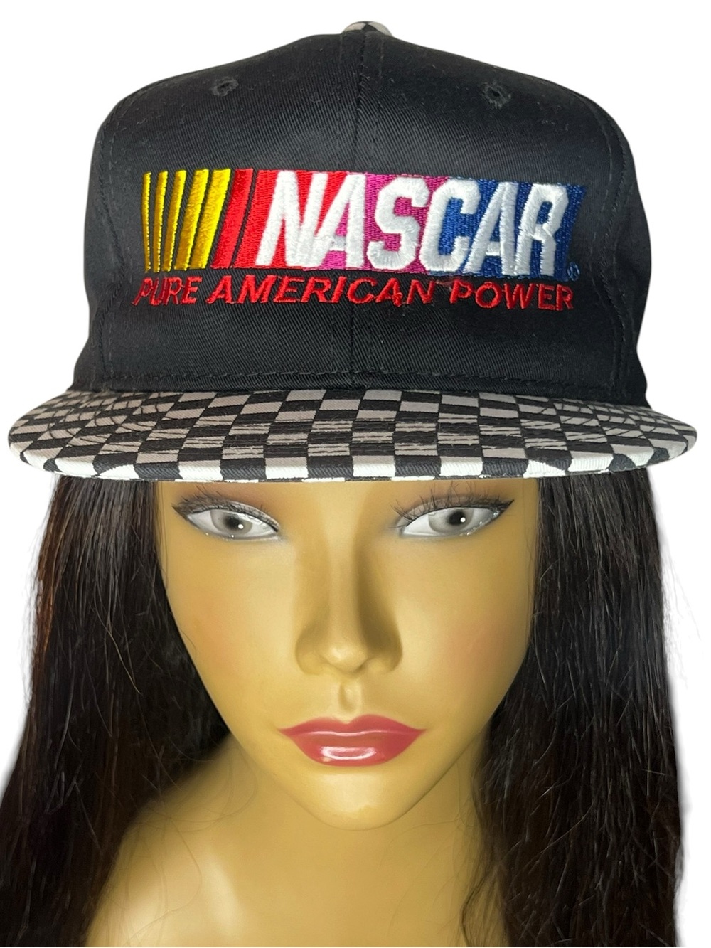Vintage NASCAR Pure American Power Snapback Hat Checkerboard Brim Racing Cap USA